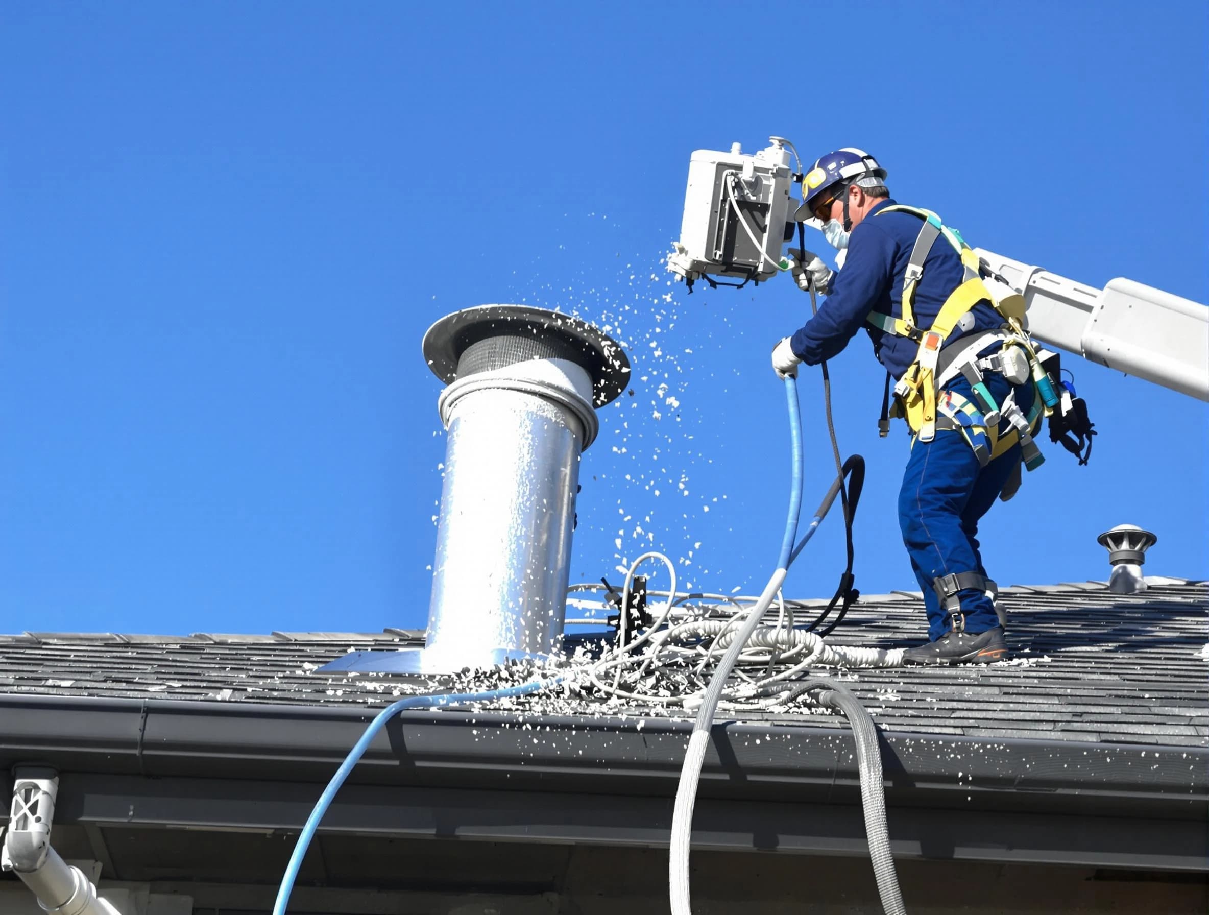 Brandermill Dryer Vent Cleaning certified technician safely cleaning a roof-mounted dryer vent in Brandermill