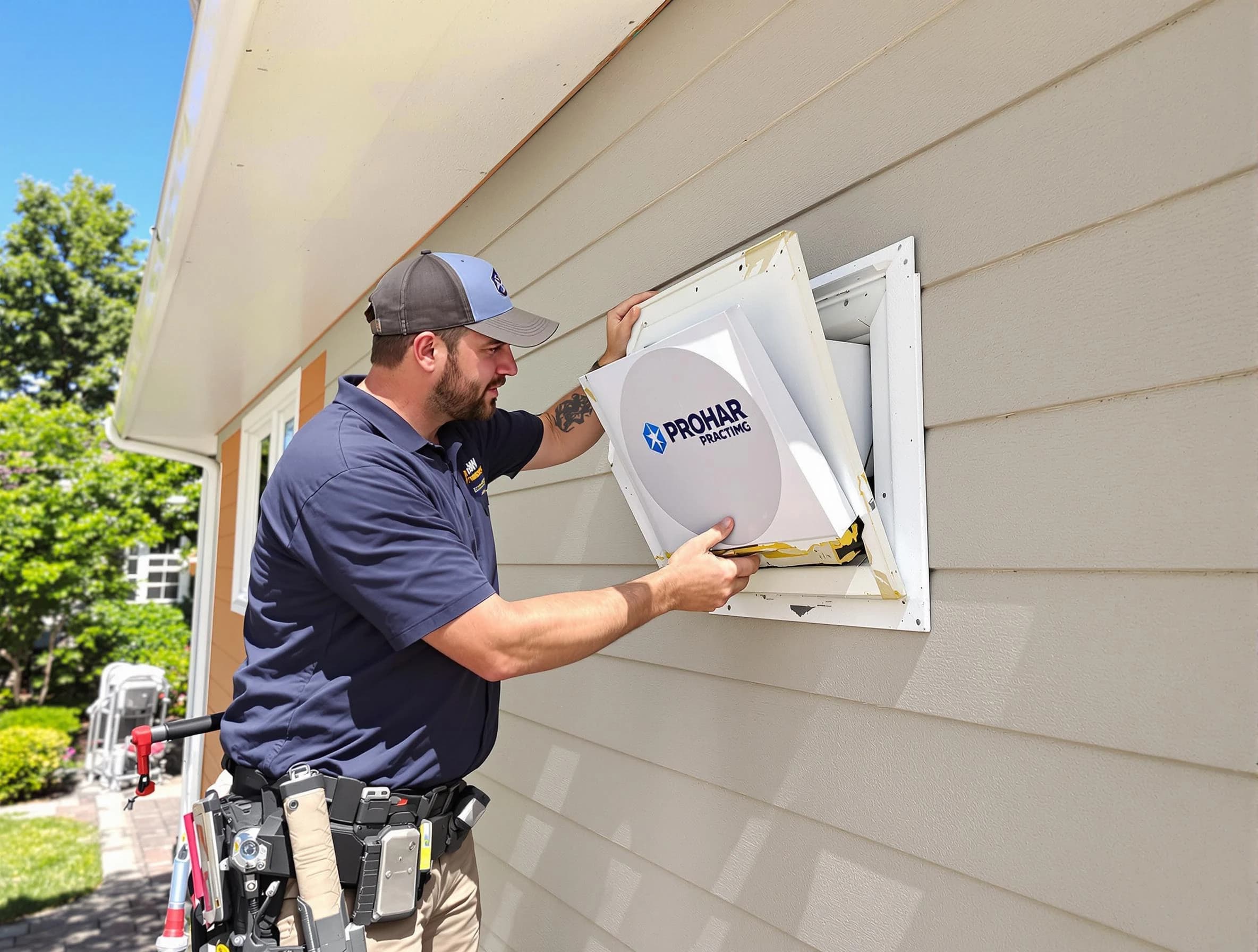 Brandermill Dryer Vent Cleaning technician installing a new protective dryer vent cover on a home in Brandermill