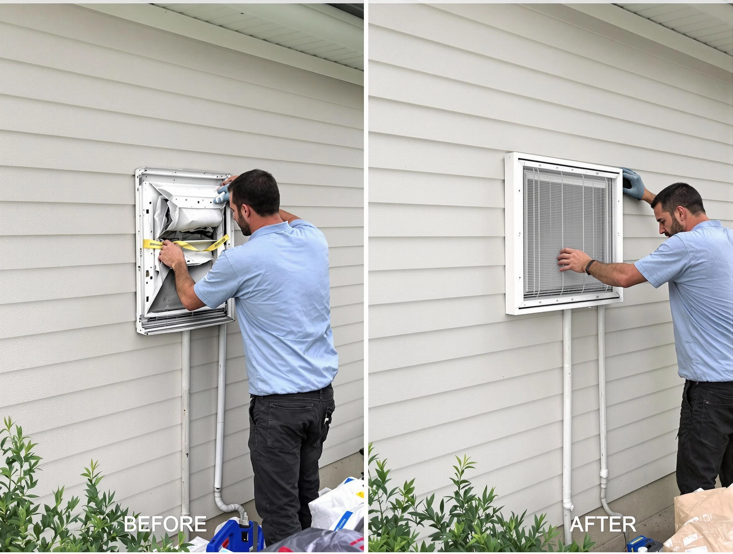 Brandermill Dryer Vent Cleaning technician installing high-quality dryer vent cover at a residential property in Brandermill